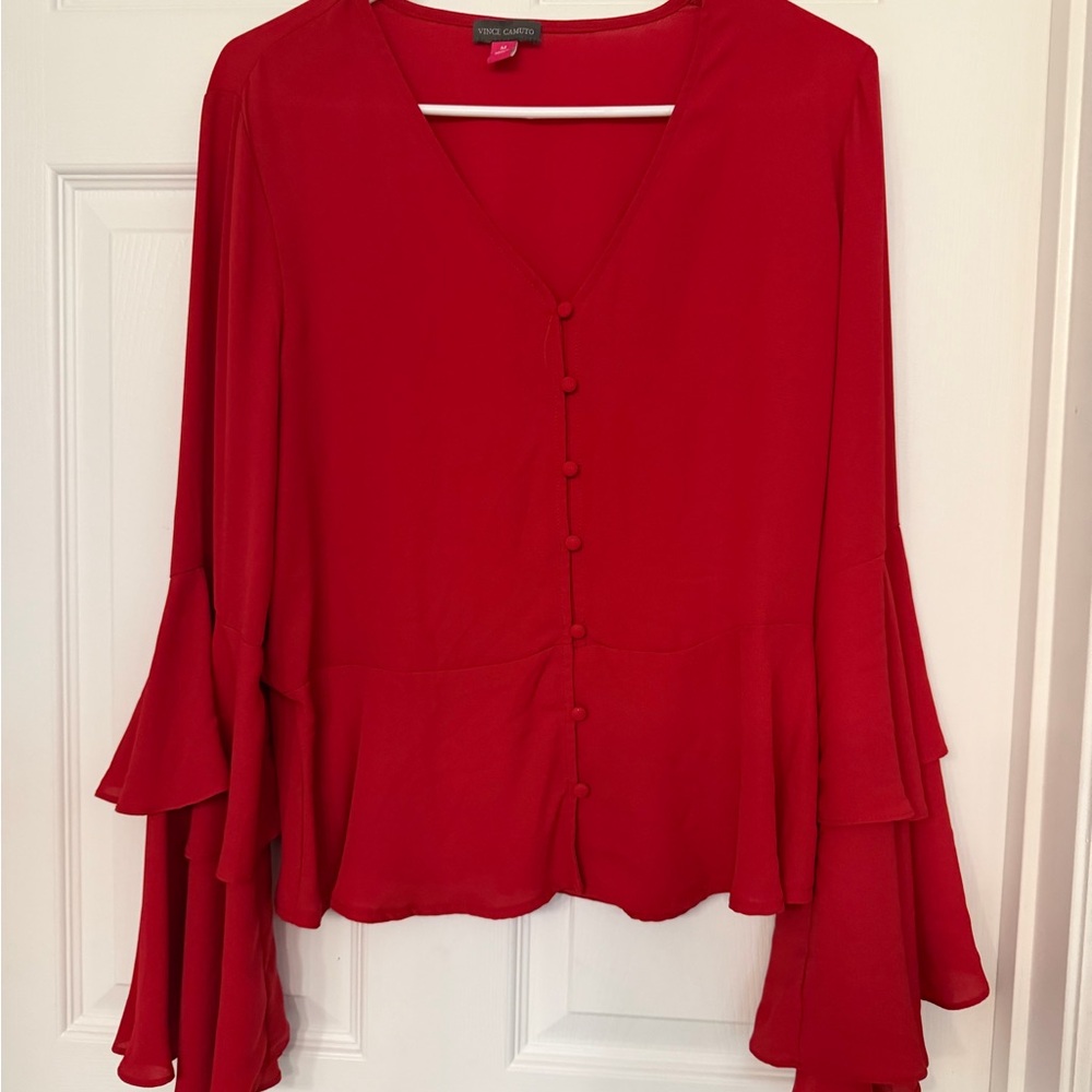Vince Camuto Bright Red V-Neck Button-Front Ruffle Sleeve Blouse